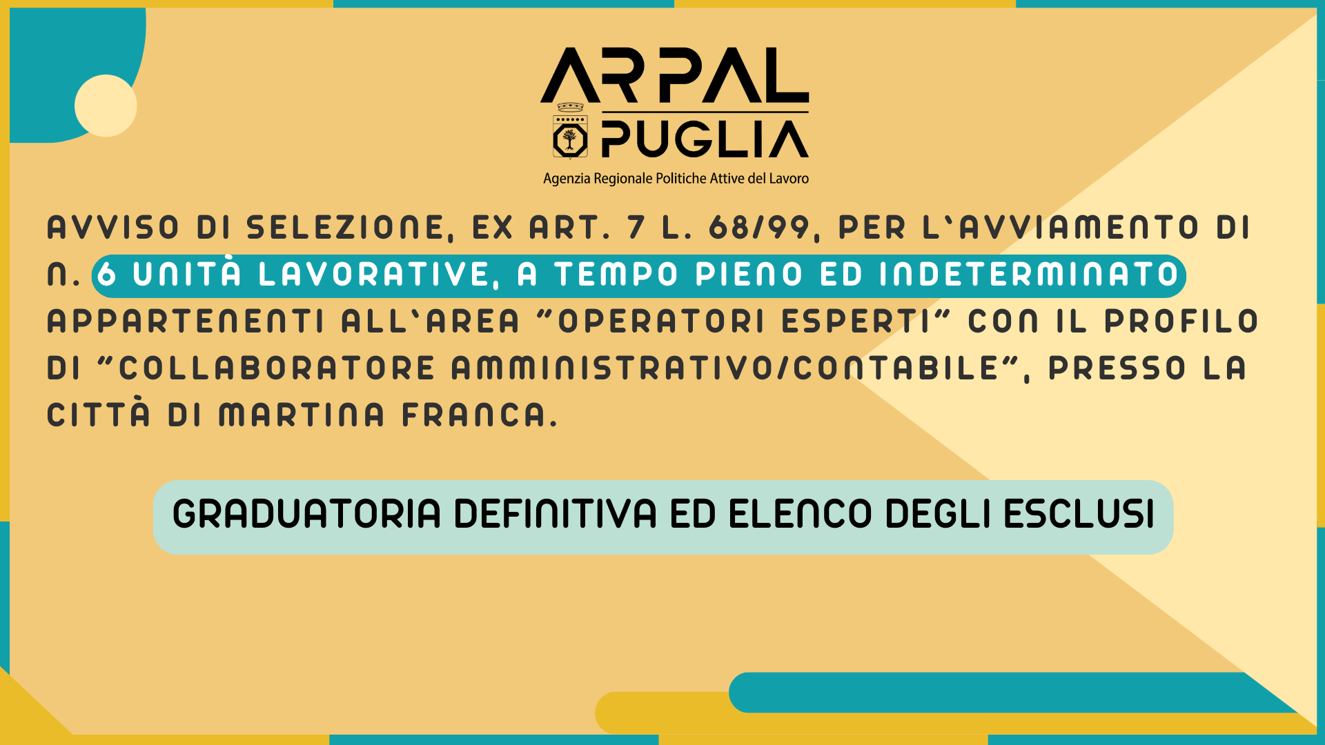 𝗔𝗿𝘁. 𝟳 𝗟. 𝟲𝟴/𝟵𝟵 - Avviamento a selezione per l’assunzione, a tempo indeterminato e pieno, di 6 𝘂𝗻𝗶𝘁𝗮̀ 𝗹𝗮𝘃𝗼𝗿𝗮𝘁𝗶𝘃𝗲.